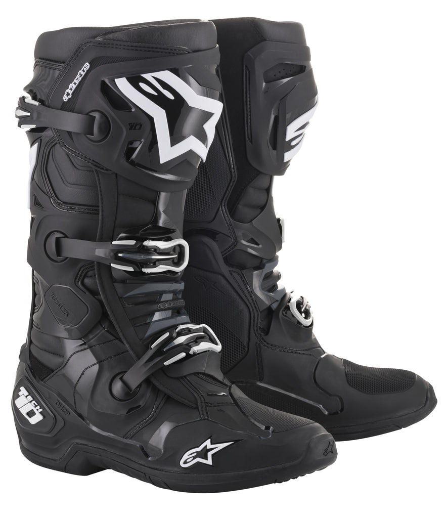 Black Alpine Star Tech 10 motorcycle boots size 11 with sturdy construction and secure fastening straps.