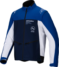 Alpine Star Lite-Dura softshell jacket in navy, bright blue, and white with a sleek design and full front zipper.
