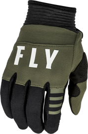 Fly Racing F-16 Gloves in olive green and black, size small, featuring durable motorcycle glove design with reinforced palms.