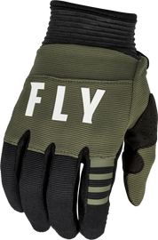 Fly Racing Youth F-16 gloves in olive green and black, designed for motorcycle riding, with padded palms and adjustable wrist straps.