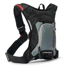 USWE Moto Hydro 3L XTR Pack 2L Elite PNP black and grey luggage pack with hydration bladder and adjustable straps.