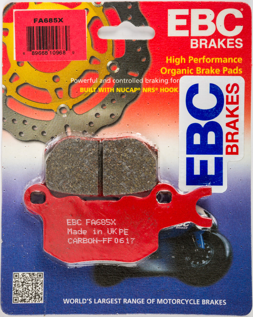 EBC Motorcycle Brakes Fa685x Carbon X Series brake pads with black friction material and metal backing plates.