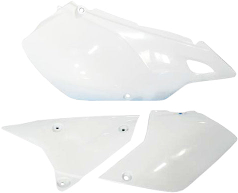 White Acerbis side panels for motorcycle, model 1591-8906, with a close-up view of the Acerbis logo and textured surface.