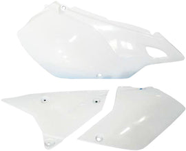 White Acerbis side panels for motorcycle, model 1591-8906, with a close-up view of the Acerbis logo and textured surface.