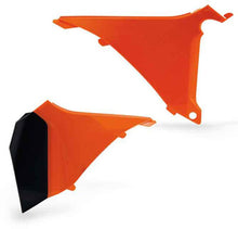 Load image into Gallery viewer, Acerbis orange airbox cover for motorcycle, showing close-up of the durable plastic part with brand logo and textured surface.