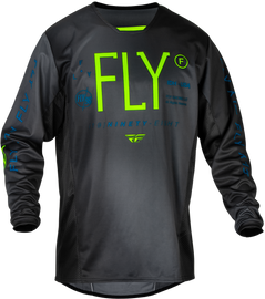 Fly Racing Youth Kinetic Prodigy motocross jersey in charcoal, neon green, and true blue, size YXL, shown on a mannequin.