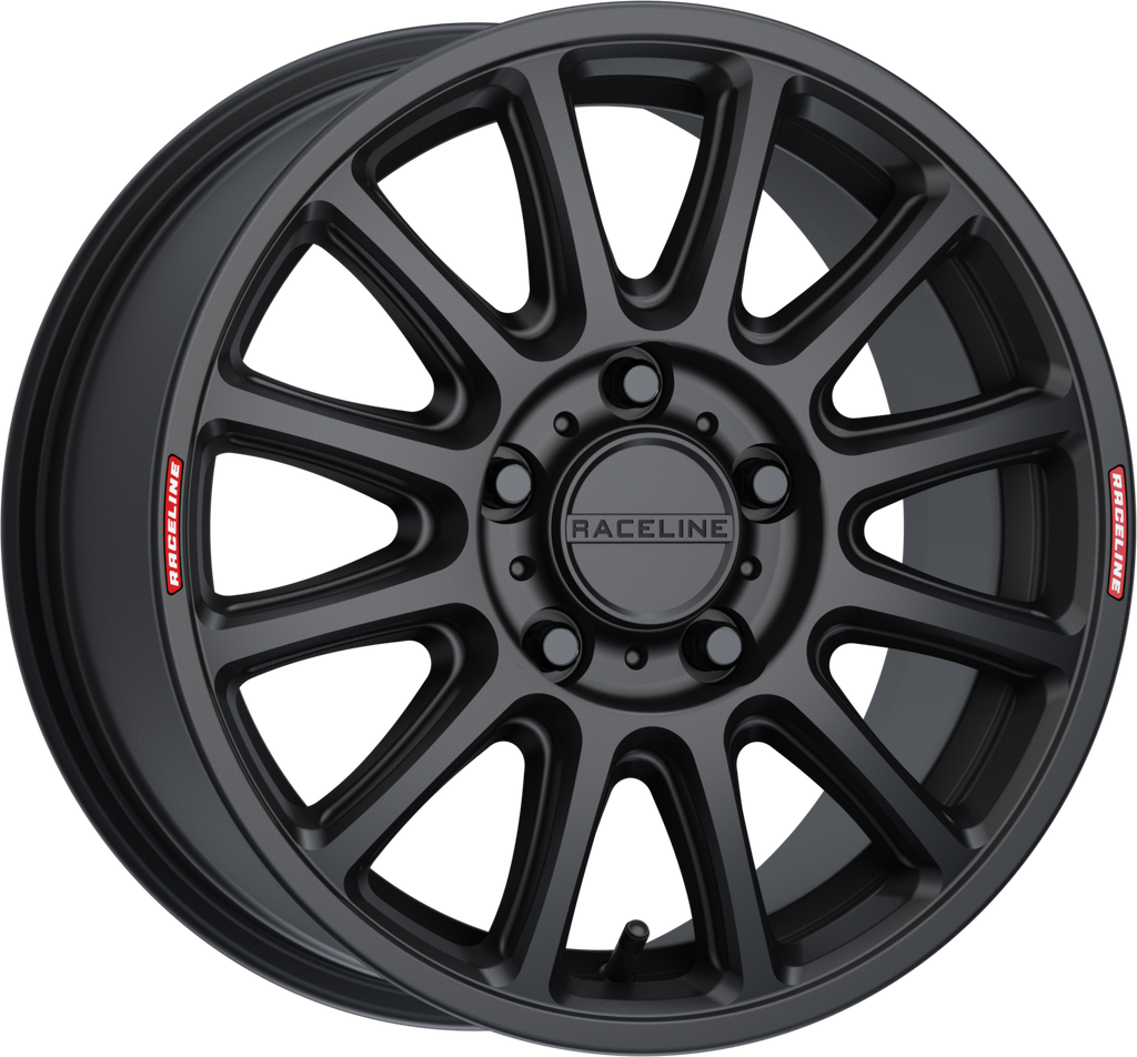 Raceline Alpha 15x7 inch black alloy wheel with 5/4.5 bolt pattern, +56mm offset, 68mm hub bore, load rating 1650 pounds.