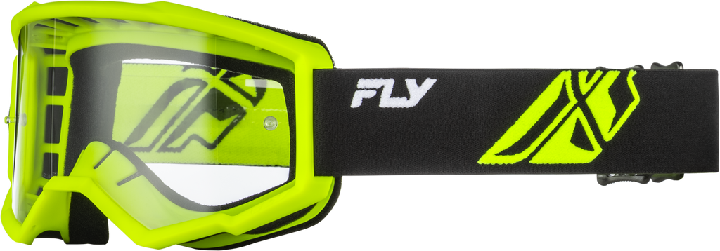 Fly Racing Focus goggle in black and hi-vis with clear lens, designed for motocross or racing activities.