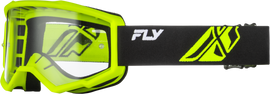 Fly Racing Youth Focus Goggle in hi-vis yellow and black with clear lens, featuring adjustable strap and breathable foam padding.