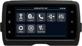 Aquatic AV HD head unit stereo for FLH/FLT models 2014-2024, showing digital display and control buttons in a motorcycle dashboard.
