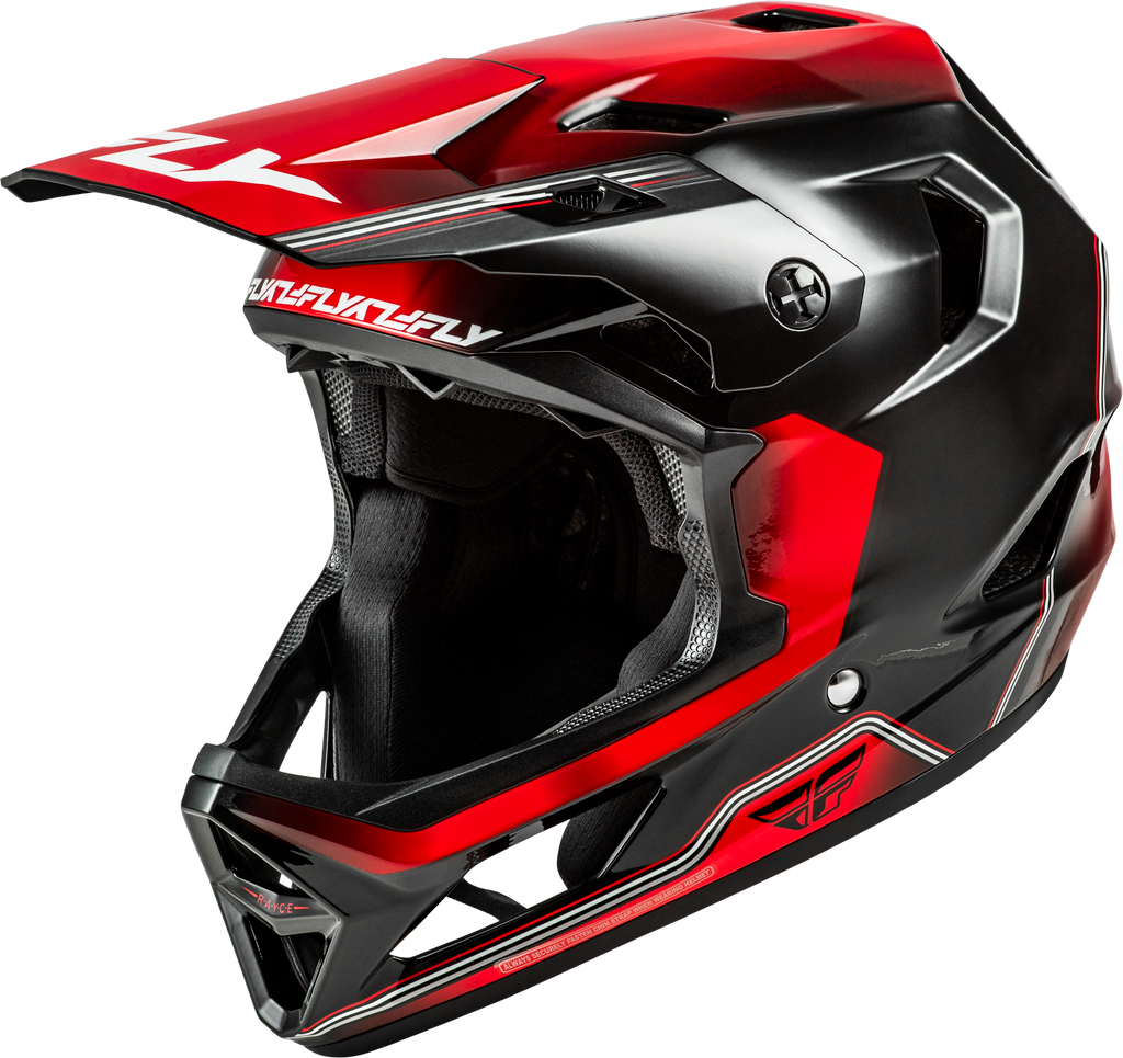 Fly Racing youth Rayce bicycle helmet in black and red with adjustable straps and ventilation for young riders.