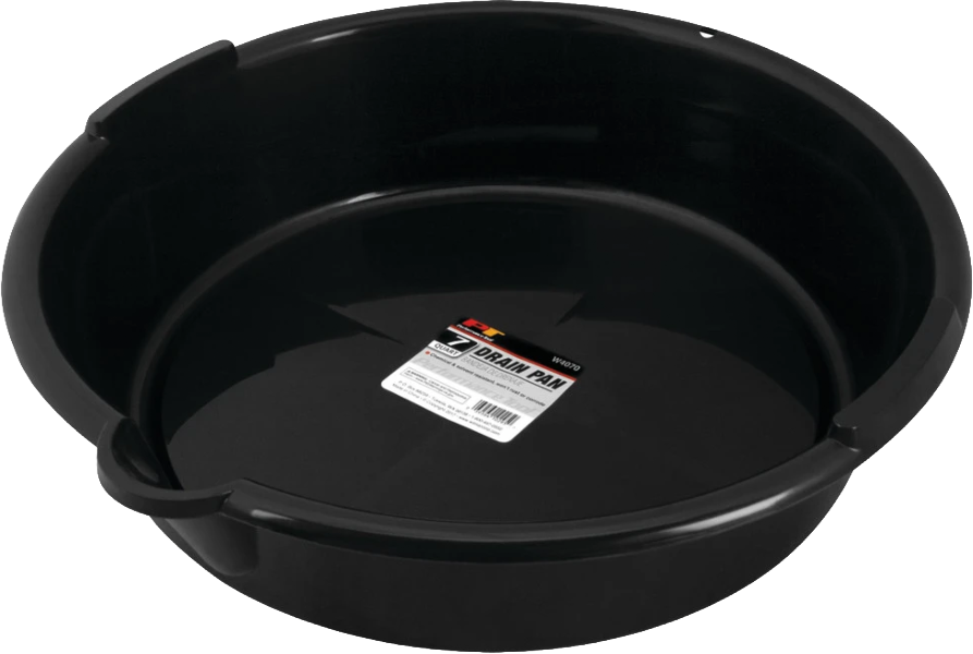 Performance Tool 7 Qt plastic drain pan, durable tool for collecting liquids, shown with handles and deep rectangular shape.