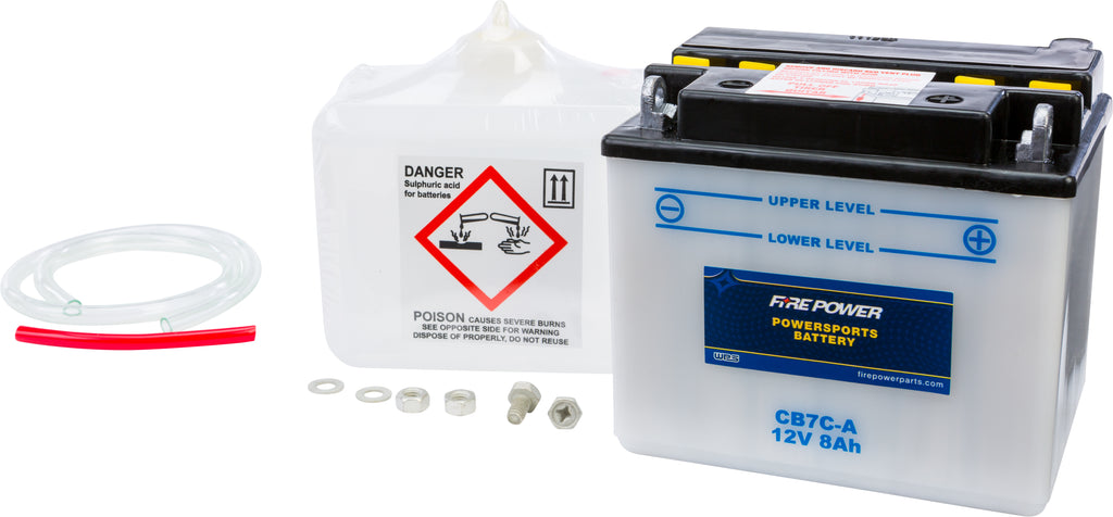 Fire Power 12V heavy-duty car battery with acid, model CB7C-A, showing terminals and sturdy casing for automotive use.
