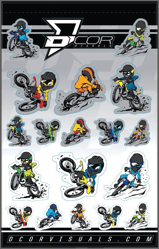 DCOR Kids caricature decal sheet with colorful graphics and various character designs on a 4 mil vinyl sheet.