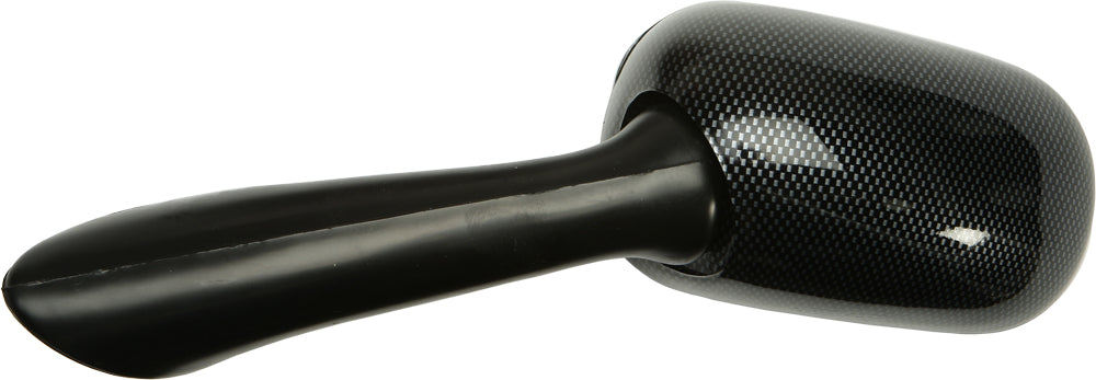 Left carbon fiber motorcycle mirror by Emgo, model 56-9889C, with sleek reflective surface and mounting arm for handlebars.
