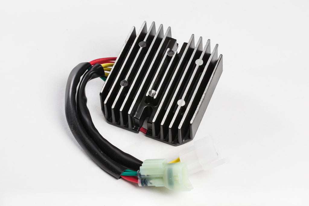 Ricks Motorsport Electric rectifier and regulator for motorcycle electrical system, with metal mounting bracket and wiring connections