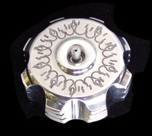 Load image into Gallery viewer, ModQuad billet black gas cap with flame design, for ATVs and dirt bikes, featuring durable metal construction and secure fitting.