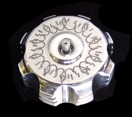 ModQuad billet black gas cap with flame design, for ATVs and dirt bikes, featuring durable metal construction and secure fitting.
