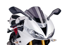PUIG Racing dark smoke motorcycle windshield, tri-shaped windscreen with tinted finish, designed for sportbike protection.