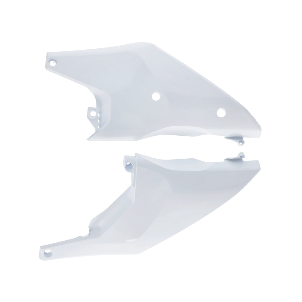 Acerbis Hus White side panels for motorcycle body, with aerodynamic design and branding, placed on a plain background.