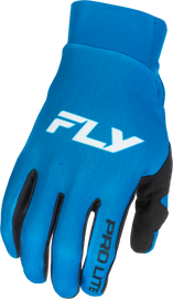 Fly Racing Pro Lite gloves in blue and white, small size, showing detailed textured fabric and secure wrist closure.