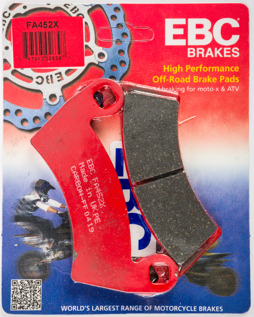 EBC Motorcycle Brakes front brake pads 15-452X, showing the metal backing plates and friction material for motorcycle braking systems.