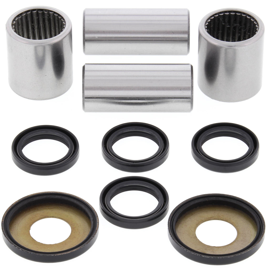 All Balls swingarm bearing kit for motorcycle suspension, showing bearings and components arranged for installation.