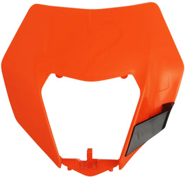 Polisport Plastics KTM orange headlight mask for off-road motorcycle, designed to protect and enhance the headlight area.