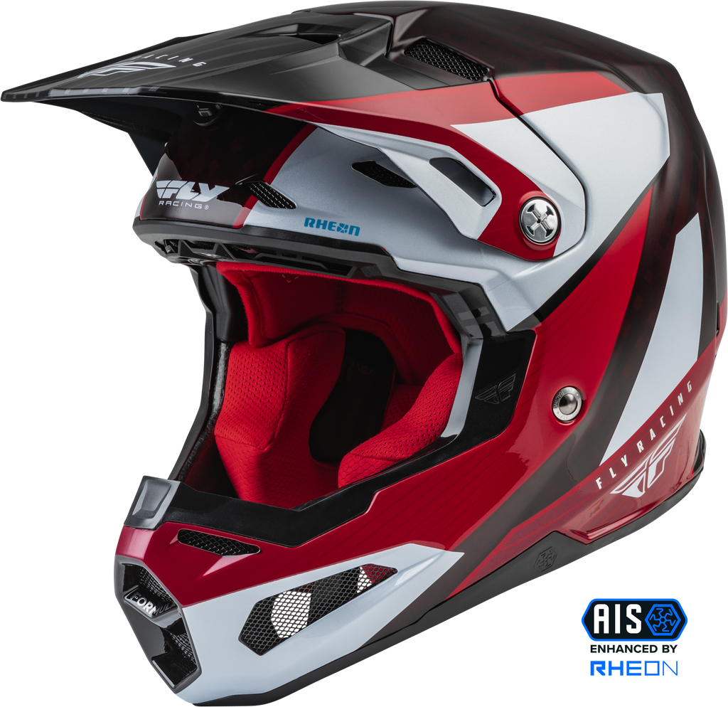 Fly Racing Formula Carbon Prime helmet in red, white, and red with carbon accents, XL size, designed for motorcycle riding.