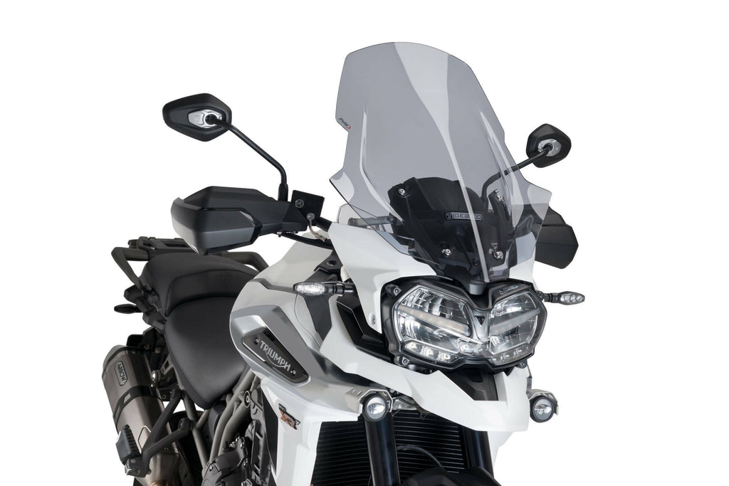 PUIG Touring Smoke Windscreen for motorcycle, side view showing tinted shield and mounting edges.