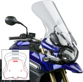 Clear replacement windshield for touring motorcycle by National Cycle Vstream, showing the sleek, transparent screen in close-up.