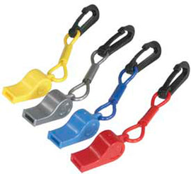 Red Atlantis whistle with clip, compact accessories keychain or lanyard attachment, designed for easy portability and use.