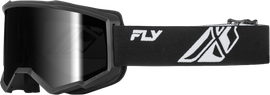 Fly Racing Focus Goggle in black and white with dark smoke hydrophobic lens, designed for motocross or off-road riding.