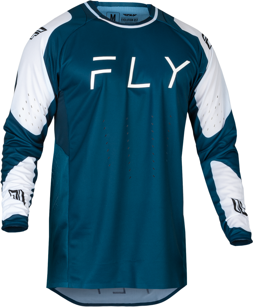 Fly Racing Evolution DST motocross jersey in navy and white, featuring lightweight, breathable fabric and bold branding details.