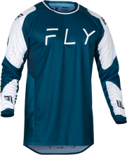 Load image into Gallery viewer, Fly Racing Evolution DST jersey in navy and white, size small, featuring lightweight fabric and motocross-inspired design.