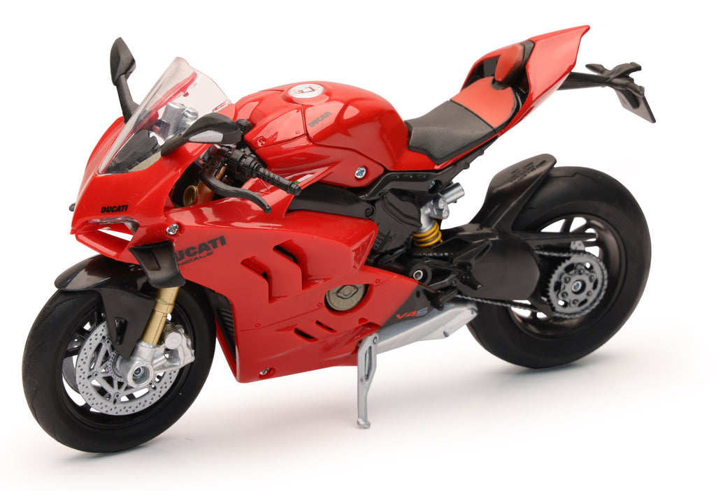 Red Ducati Panigale V4 S 1:12 scale super sport bike model by New Ray Toys, detailed motorcycle accessories.