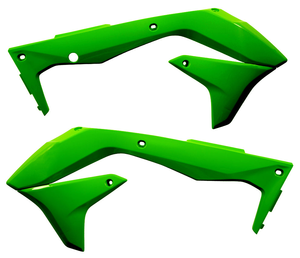 Acerbis green radiator shrouds for motocross bikes, featuring sleek design and mounting points for enhanced cooling and style.