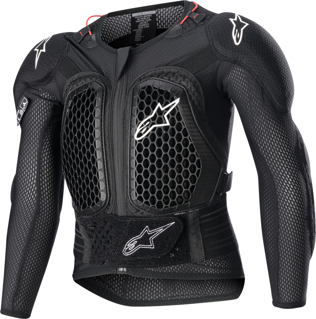 Alpine Star Youth Bionic Action V2 Protection Jacket in black, size small/medium, with padded armor and adjustable straps.