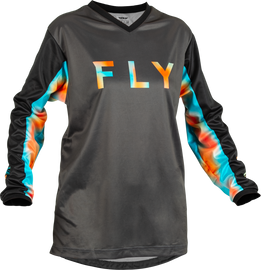 Fly Racing Women's F-16 jersey in grey, pink, and blue with a sporty design, showcasing comfortable, lightweight cycling apparel.