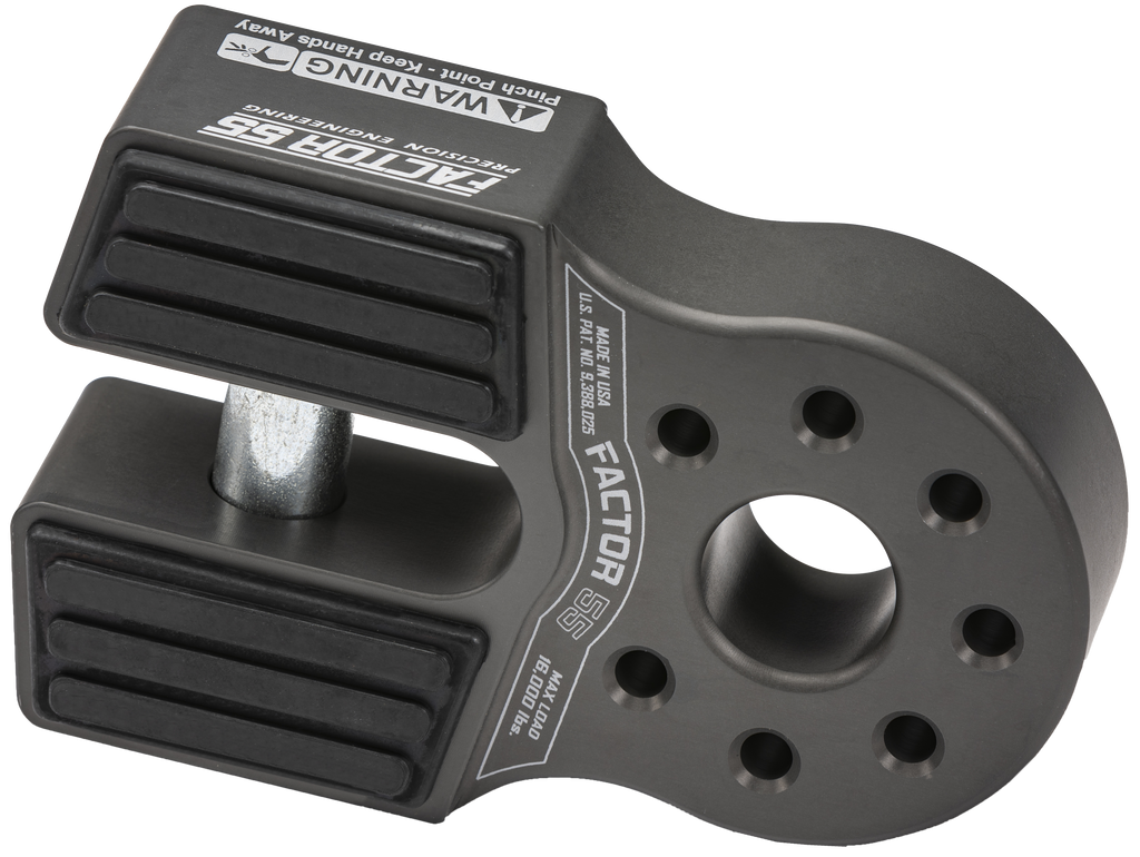 Grey Factor 55 Flatlink XTV winch shackle with robust metal construction and secure pin for off-road recovery and towing.