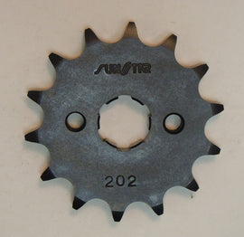 Sunstar front CS sprocket 13-tooth for 428 chain, mounted on a bicycle, showing the black metal gear with Sunstar branding