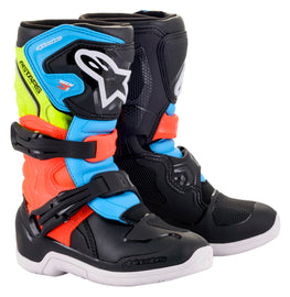 Alpine Star Tech 3s kids motorcycle boots in black, yellow fluorescent, and red fluorescent with protective design and size 11.