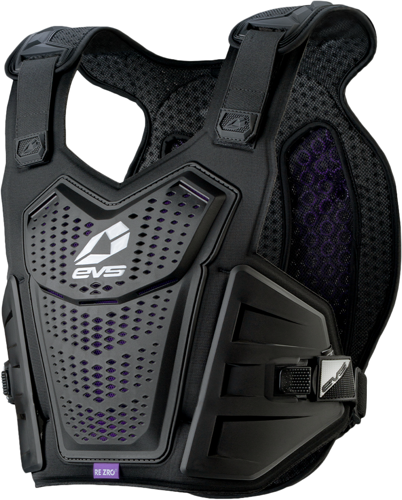 EVS F1 Pro Chest Protector with Rezro in black and white, size small/medium, designed for motorcycle safety and impact protection