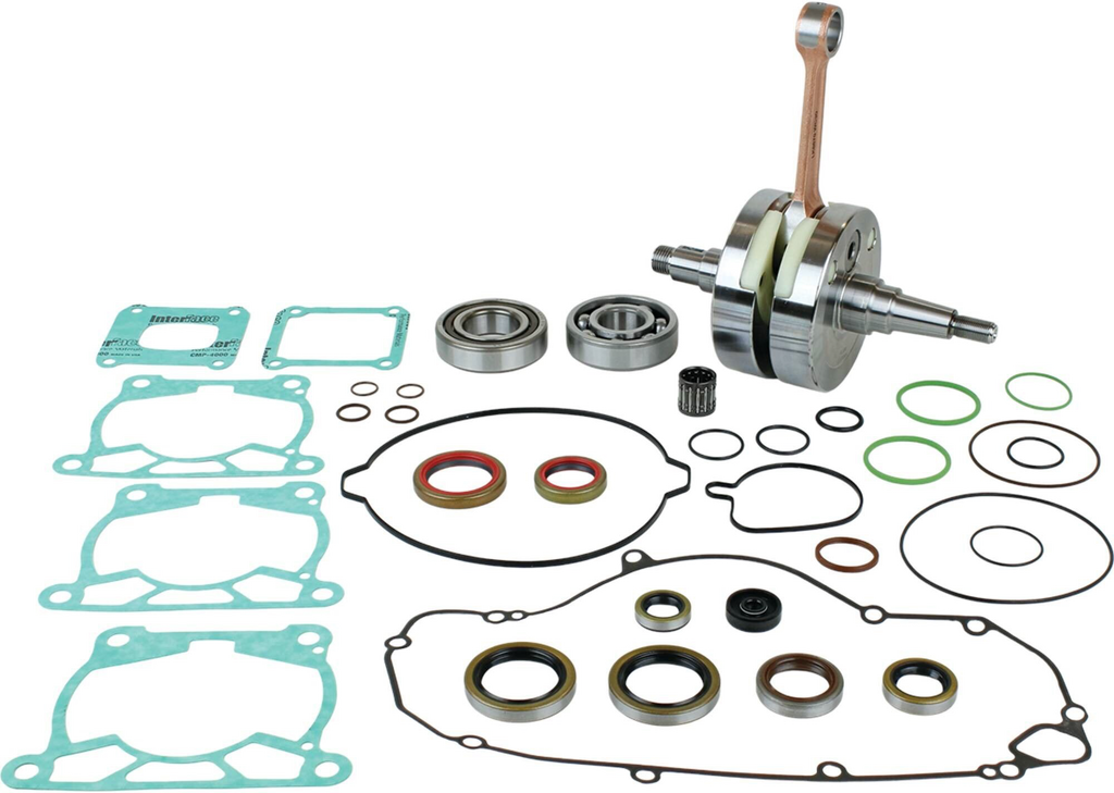 Hot Rods Bottom End Kit 421-0235 engine components including crankshaft, pistons, and connecting rods laid out on a surface.