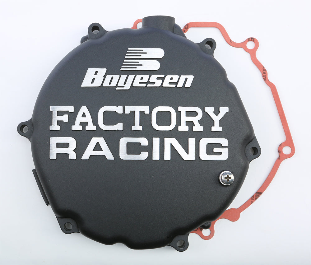 Black Boyesen Factory Racing Clutch Cover for street motorcycles, model 59-7212CB, showing the sleek design and branding details.