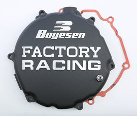 Black Boyesen Factory Racing Clutch Cover for street motorcycles, model 59-7212CB, showing the sleek design and branding details.