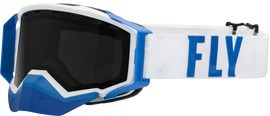 Fly Racing Zone Pro snow goggle with white and blue frame and polarized smoke lens for snow sports.