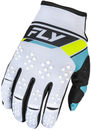 Fly Racing Kinetic Prix gloves in white, black, and hi-vis with padded palms and secure wrist closures, size large.
