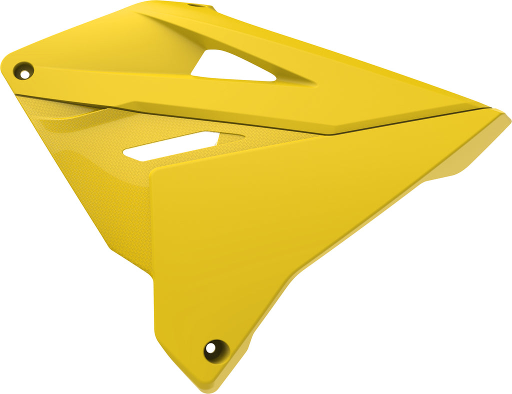 Polisport Plastics Restyle yellow radiator shroud for dirt bikes, showing the bright yellow body panel with mounting points.