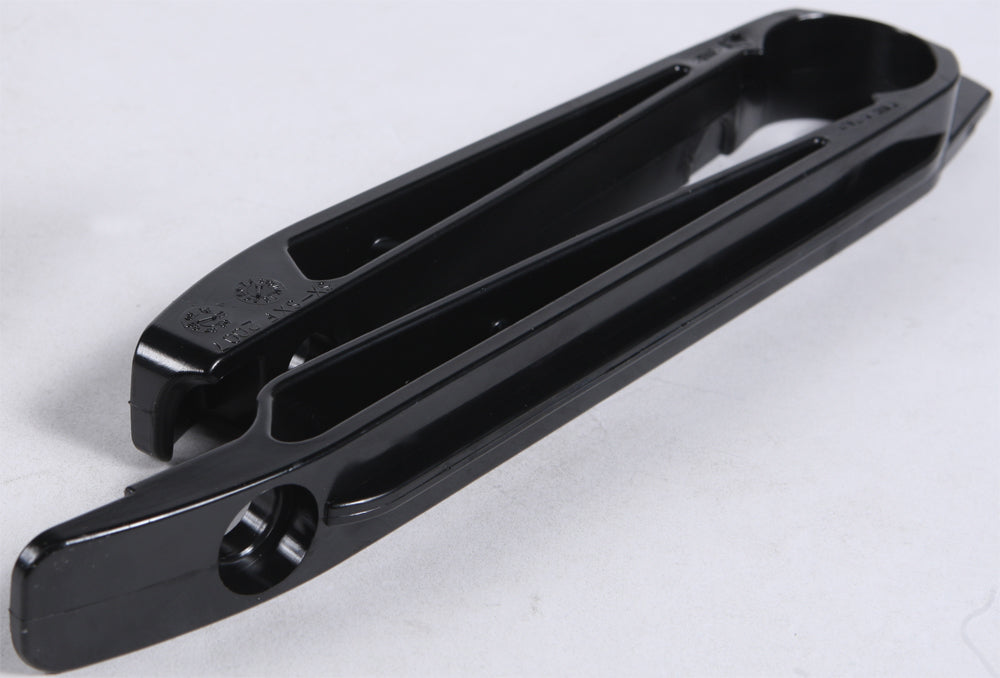 Acerbis black chain slider for motorcycle, showing close-up of durable plastic component with brand logo and mounting details.